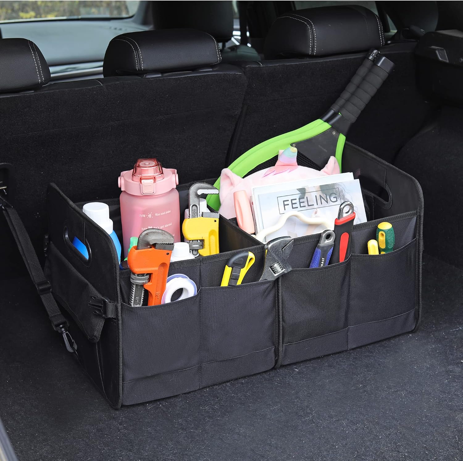 66L Collapsible Car Trunk Organizer with Adjustable Compartments
